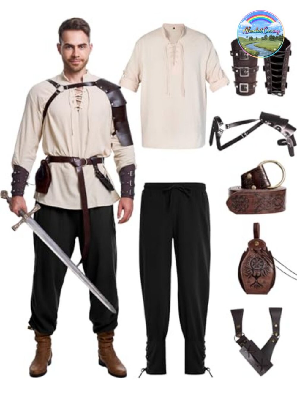 Men's Renaissance Costume 8 Pc Set Medieval Pirate Shirt Pant Viking Belt